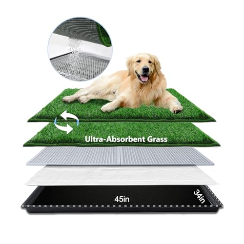 HQ4US 4LEGS Dog Grass Pad with Tray Extra Large 45”×34”, Dog Litter Box with Odor Free Artificial Grass Pee Pads for Dogs Potty Tray with Hemmed Edge, Realistic for Indoor Balcony - size: XL - 45" x 34" for Dog＜ 38'' Length
