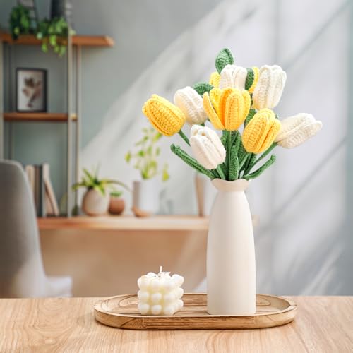 Shihanee 10 Pcs Tulip Crochet Flowers Bouquet Handmade Knitted Flower Decor Birthday Gifts for Women Grandma Spring Home Vase Centerpiece, 13.7", Vase Not Inchluded(Yellow, White) - color: Yellow, White