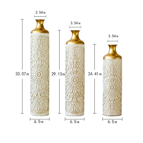 3pcs Extra Large Floor Vases Home Decor:24.4/29.1/33in, Big White Tall Metal Standing Floor Vase Set for Living Room - color: Floor Vases White Flower
