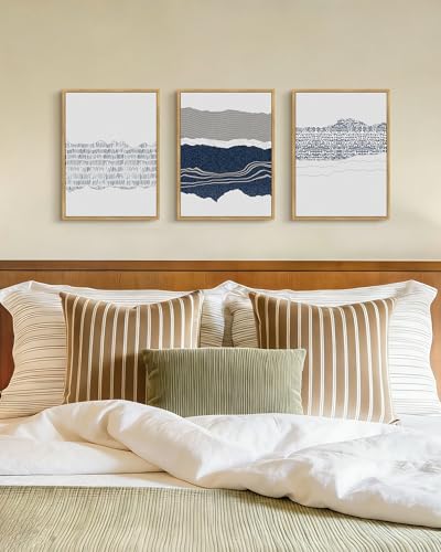 PHOPAGO Navy Blue Abstract Framed Wall Art Mid Century Minimalist Boho Wall Decor Modern Neutral Farmhouse Rustic Art Bedroom Living Decor - 11x14in Natural Framed - color: Blue Abstract, size: 14L" x 11W" x 3 Pcs Natural