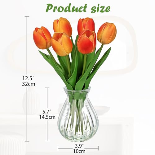 Artificial Tulips Flowers in Glass Vase - 6 Pcs Faux Flowers in Vase with Faux Water 12.5" Orange & Yelow Ombre Fake Tulips Bouquet Floral Arrangement Centerpiece for Living Room Table Home Decor - color: Orange & Yelow Ombre