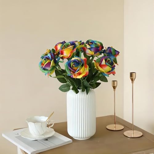 Laelfe 12 PCS Artificial Flowers Rainbow Roses Silk Flowers Fake Long Stem Artificial Colorful Roses for Christmas Home Wedding Bathroom Kitchen Decorations (Colorful) - color: Multi-color