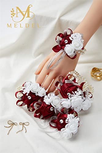 6pcs Burgundy Wedding Corsages Faux Silk Wine Red Rose for Women | for Wedding, Prom, Homecoming, and Evening Party, Wrist Corsages with Pearls for Brides, Bridesmaids, Mother of the Bride - color: 6pcs Wine Red Wrist Corsages