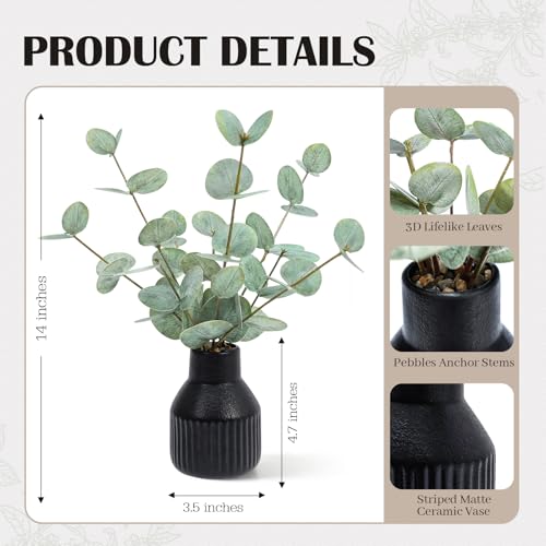 FIACO Artificial Eucalyptus Stems in Ceramic Vase, 14" Fake Plants for Home Decor, Coffee Table Centerpiece Bathroom Shelf Dining Table Farmhouse Faux Greenery Plants Indoor Decorations - color: Green Eucalyptus - Black Striped Ceramic Vase