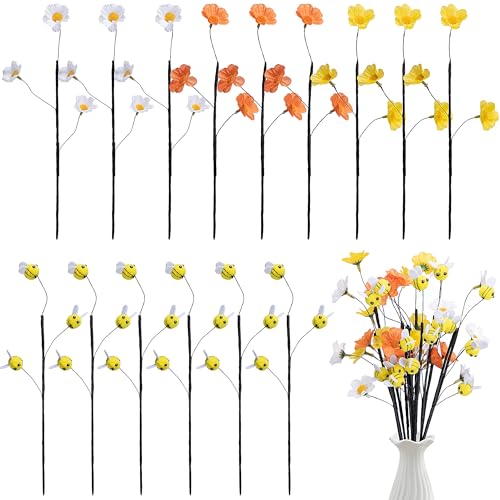 Watayo 15 Pcs Felt Bee Stems with Artificial Flowers Picks, Felt Honeybee Branches Floral Decorative Picks, Bees Daisy Stems Spray Vase Fillers for Table Centerpiece Tree DIY Craft Home Party Decor - color: Bees Flowers-15pcs
