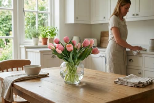 20 Pcs Artificial Pink Tulips, Real Touch Faux Tulip Flowers for Home Decor, Vase Arrangements, Romantic Gift for Her - color: Pink：romantic Home Decor Gift