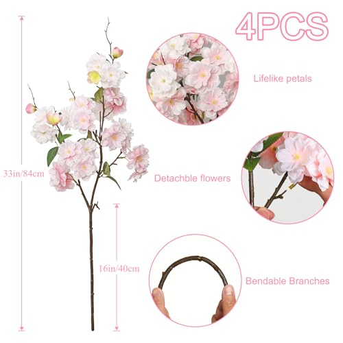 KHOYIME Artificial Cherry Blossom Branches 4PCS Pink White Fake Silk Flowers Faux Long Stems Realistic Cherry Floral Plants Spring Decor for Vase Table Centerpiece Indoor Home Office Wedding Party - color: Pink