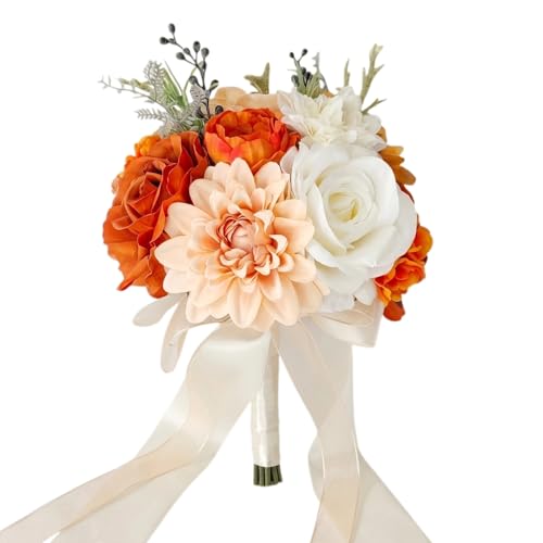 8.6 Inch Wedding Bouquets for Bride, Realistic Silk Bridal Bouquet, Burnt Orange and White Artificial Wedding Rose Bouquet, for Autumn Wedding, Proposal, Thanksgiving and Venue Decoration - color: Burnt Orange