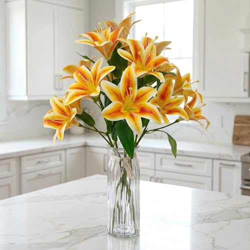 Orange Lily Artificial Flowers,6 Pcs Faux Lilies Flowers,23 Inch Long Stem Tiger Lily Branch with 3 Full Blooms and 4 Leaves, Latex Real Touch Lilium Flower for Wedding Bouquet - color: Orange