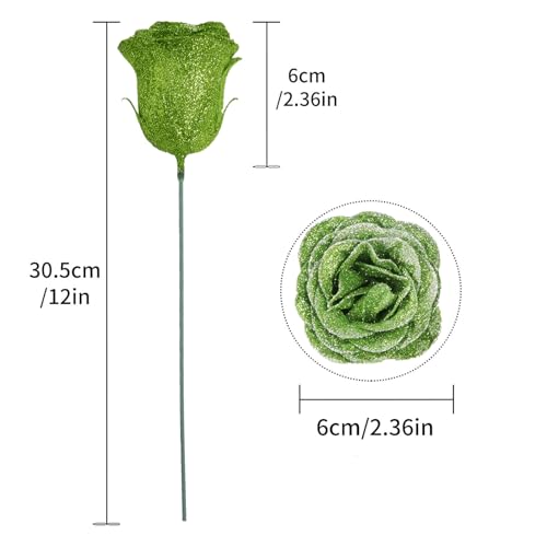 30PCS Artificial Glitter Roses Bouquet Green Flowers Fake Sparkling Roses for Wedding Party Christmas Home Decor(Green with Silver Glitter) - color: Green With Silver Glitter