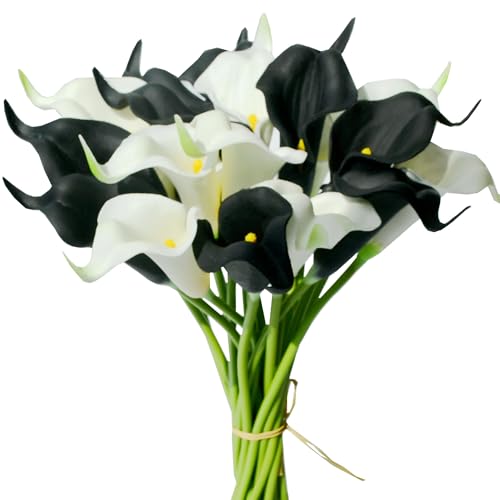 Mandy's 20pcs Black and White Calla Lily Artificial Flowers | 13.5 Inch PU Realistic Bouquet for Vase Elegant Home Decor Centerpiece Wedding Bridal Bouquet Table Decoration - color: Black and White