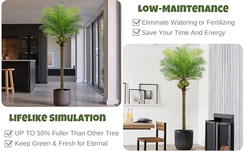 Roselywed Artificial Phoenix Palm Tree 8FT with 15 Leaves & 3 Coconut Fruit & Real Bark Tropical Areca Sago Palm Tall Large Faux Plant 94 Inch Black Pot for Indoor Outdoor Home Poolside Mall Decor - size: 8ft
