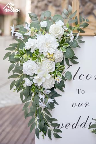 Wedding Welcome Signs Floral(Pack of 2)，Wedding Arch Flowers for Wedding Decorations and Reception Backdrop Decoration (New White) - color: New White