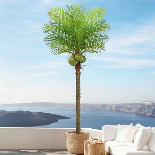 Roselywed Artificial Phoenix Palm Tree 8FT with 15 Leaves & 3 Coconut Fruit & Real Bark Tropical Areca Sago Palm Tall Large Faux Plant 94 Inch Black Pot for Indoor Outdoor Home Poolside Mall Decor - size: 8ft