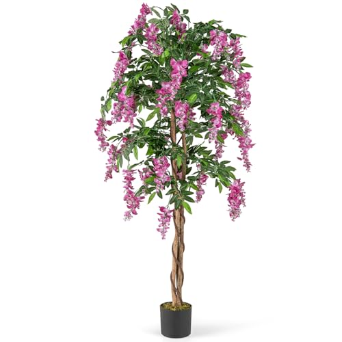 Goplus 5.5FT Ficus Artificial Tree, Faux Wisteria Tree in Nursery Pot with Blooming Flowers, Fake Potted Tree Greenery Floor Plant for Indoor Home Office Porch Living Room Decor - color: Rosy, size: 5.5ft