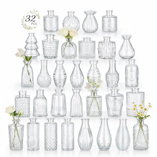 RUCKAE Glass Bud Vases Mini Flower Vase Small Vintage Vases for Centerpiece Table Wedding Decorations Home Decor Party(Transparent 32pack) - color: Transparent