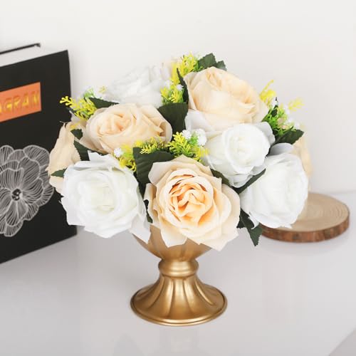 10Pcs Artificial Flower Ball Arrangement, 15 Flower Heads Wedding Roses Bouquet with Base Suitable for Parties Valentine's Day Wedding Centerpieces and Home Decor (Champagne & White) - color: Champagne & White