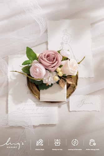 Ling's moment Pocket Boutonniere Single, Boutonniere for Men Groom for Wedding, Prom, Homecoming, Anniversary, Graduation, etc.Dusty Rose Ranunculus, 6" W x 5" H - color: Pk-dusty Rose Ranunculus, size: 6" W x 5" H