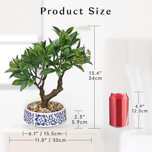 Artificial Bonsai Tree, Small Bay Laurel Bonsai Tree 13" Indoor Bonsai Tree | Fake Potted Plant Decorative Fake Desk Plant Decor with Blue & White Ceramic Pot for Home Office Living Room Table Shelf - color: Green Bay&blue and White Pot