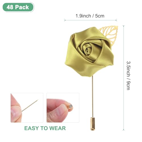 M METERXITY 48-Pack Flower Lapel Pins for Men, Golden Leaf Rose Boutonnieres Pin Groom Boutonnieres for Wedding/Dance/Party, Men Lapel Pins for Suits Satin Flower Corsage [Gold] - color: Gold