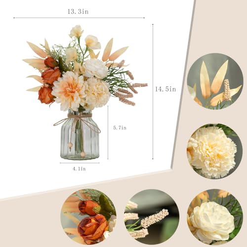 LESING Dahlia Flower Aritificial Flower with Vase Fake Silk Flowers in Glass Vase Faux Rose Flowers Arrangement for Home Office Table Centerpiece Decoration (Champagne) - color: Champagne
