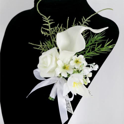 4PCS Calla Lily Boutonniere Handmade Romantic White Corsage Suitable for Wedding Ceremony, Anniversary, Dinner Dance (4), 10 x 14 cm