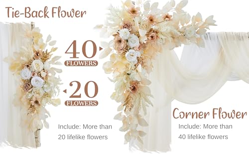 Wedding Arch Flowers with Drapes Kit (Pack of 4) - 2pcs Artificial Beige Deluxe Swag with 2pcs Sheer Drapes for Wedding Ceremony Arbor Reception Backdrop Rose Floral Decoration - color: Beige