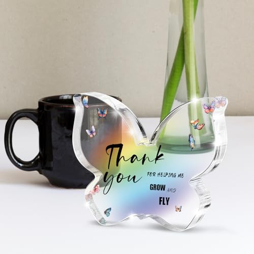 Thank You Gifts for Women Teacher Boss Friend - Appreciation Gifts for Women - Thank You for Help Me Butterfly Acrylic Desk Decor Sign - Clear Desk Decorative Sign for Home School Office - color: grow