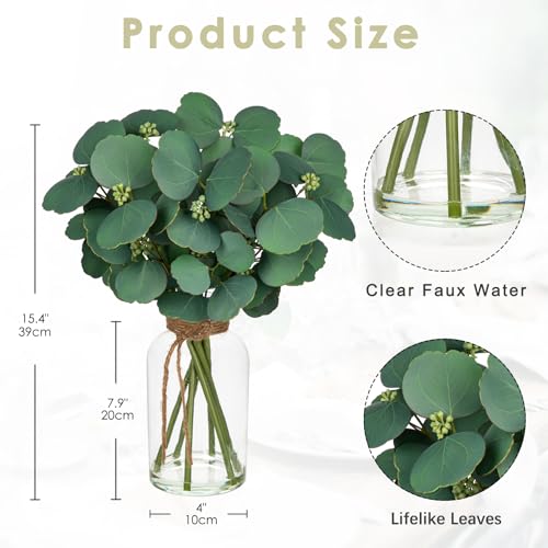 Fake Real-Touch Eucalyptus in Glass Vase with Faux Water – Realistic Faux Greenery Decor, 15.4" Tall, Artificial Silver Dollar Eucalyptus Arrangement for Home, Farmhouse, Kitchen, Bathroom, Office - color: Green