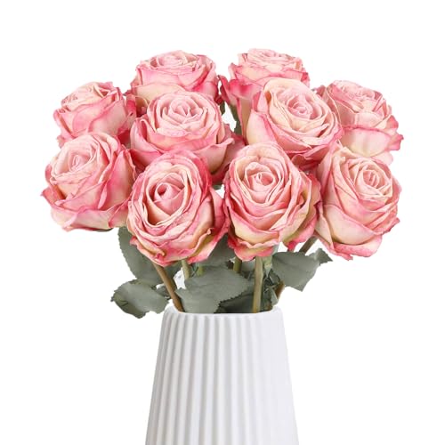 IPOPU 10PCS Hot Pink Roses Artificial Flowers Realistic Fake Flowers Silk Roses with Long Stems for DIY Wedding Bouquet Table Centerpiece Home Party Decor(Hot Pink) - color: Hot Pink