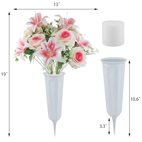 2 Set Artificial Cemetery Flowers with Grave Vase-2 Bunches Lilies & Rose Mixed Pinkish Silk Memorial Flowers-2 Cemetry Vase with Foam for Outdoor Headstones Gravesite Graveyard Decorations - color: Pinkish