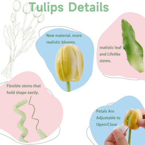 15 Pcs Artificial Flowers Tulips Real Touch Latex Plastic Soft Faux Bouquets for Party, Wedding, Home, Room, Garden Decor (Vintage Yellow) - color: Vintage Yellow
