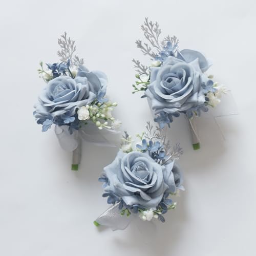 MAFELOE 2 Pieces Men Boutonniere Corsage Set, Artificial Rose Flowers Accessories for Wedding Prom Party Ceremony Anniversary Suit Decor- Dusty Blue(X-M11-JM) - color: Dusty Blue