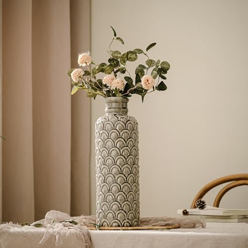 Ceramic Flower Vase, 13.98" Large Rustic Farmhouse Decorative Vase for Home Decor, Gray Textured Pottery Vase for Pampas Grass, Living Room, Entryway, Mantel, Kitchen Table - color: 102-grey