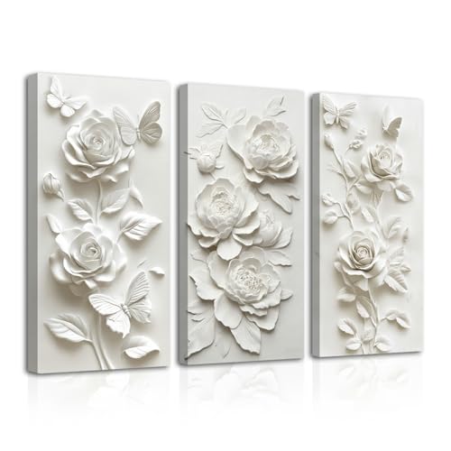 SWQYLB 3 Panel Flower Wall Art 3D Relief Floral Canvas Painting Abstract Butterfly & Rose Pictures Prints White Textured Wall Decor for Home Framed (Gray, 20x10inchx3 Pieces) - color: Gray, size: 20x10inchx3 Pieces