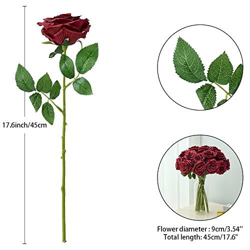 15pcs Artificial Rose Flowers Long Stem Burgundy Fake Silk Roses for DIY Wedding Bouquet Table Centerpiece Home Decor (VASE is NOT Included) - color: Burgundy