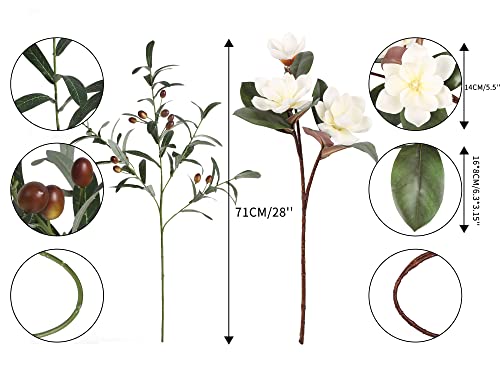 White Silk Magnolia Flowers with Olive Branches for Vases Real Touch White Flower Combo Artificial Olive Branches 30" Long Stem Artificial Flowers for Tall Vase Home Decor Indoor (White)