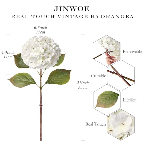 JINWOE 4PCS White Faux Hydrangea Flowers, 21" Vintage Real Touch Latex Silk Hydrangea Artificial Flowers, Fake Flowers for Bouquet Tables Cake Party Outdoor Home Wedding Centerpieces - color: White