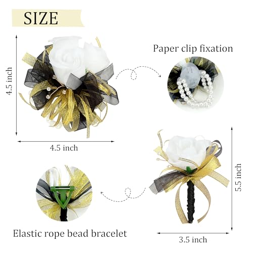 2pcs White Corsage and Boutonniere Set for Prom Decor Silk Corsages Wristlet Boutonniere for Men Corsage Artificial Flowers for Wedding Party Suit Decor - color: White Corsage - Double-cain