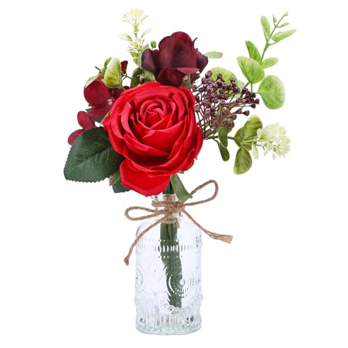 AFRITEE Artificial Flowers with Vase - Small Red Fake Plants Faux Silk Flower Arrangement in Vase for Home Decor for Indoor Dining Living Room Coffee Wedding Table Centerpieces - color: Red Bouquet+relief Vase