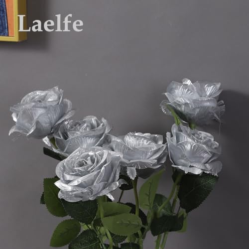 Laelfe 12 PCS Artificial Flowers Silver Roses, Silk Flowers Fake Long Stem Artificial Roses for Home Wedding Bathroom Kitchen Decorations (Silver) - color: Silver
