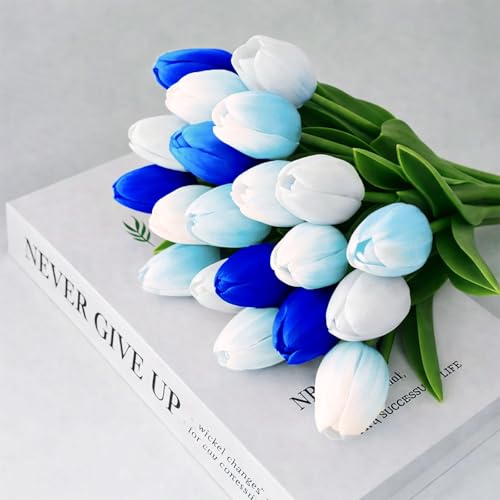 20 Pcs Tulips Artificial Flowers, 13.5'' Real Touch PU Fake Flowers Bouquet for Home Party, Spring Wedding Floral Arrangement, Valentine's, Easter and Mother's Day Decor (White,Blue) - color: White,blue