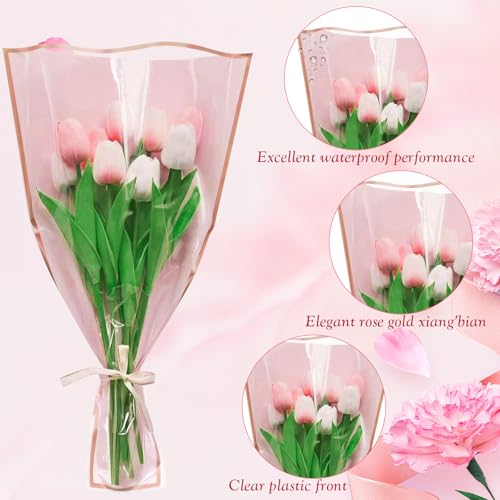 Wzifyf 50 PACK Flower Bags for Bouquets Flower Bouquet Holders Pink Floral Wrapping Paper flower Sleeves Build Your Own Bouquet Bar with 72 Ft Ribbons for Valentine's Day Packaging Supplies - color: Pink, size: bouquet wrap