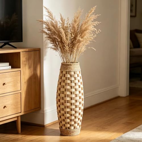 Hosley 24” Tall Woven Floor Vase – Natural Wood & Grass Decorative Vase for Home Décor, Floral Arrangements, Entryway, Living Room - color: Natural