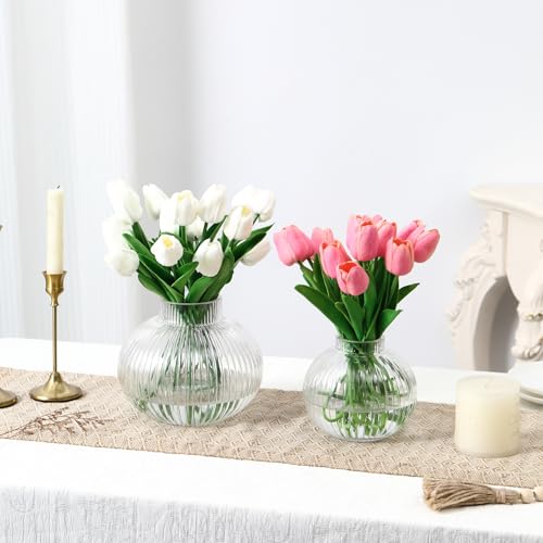 Round Glass Vases Set of 2, Flower Vases for Bouquet, Ribbed Glass Vase for Flowers, Small Clear Vase for Living Room, Office, Coffee Table, Shelf, Wedding - color: Clear, size: Round+Medium