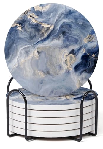 Set of 6 Navy Blue Marble Coasters with Holder,Absorbent Ceramic Coasters for Drinks, Coasters with Cork Backing for Table Protection, Housewarming Gifts for New Home - color: Navy Blue