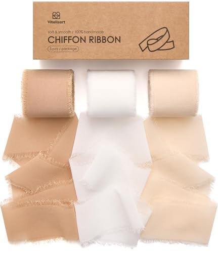 Vitalizart Handmade Chiffon Silk Ribbon Fringe 1.5" x 21 Yd White & Camel Frayed Edges Ribbons for Wedding Invitations Bridal Bouquets Gifts Wrapping Crafts Holiday Party Decorations - color: Camel & Nude