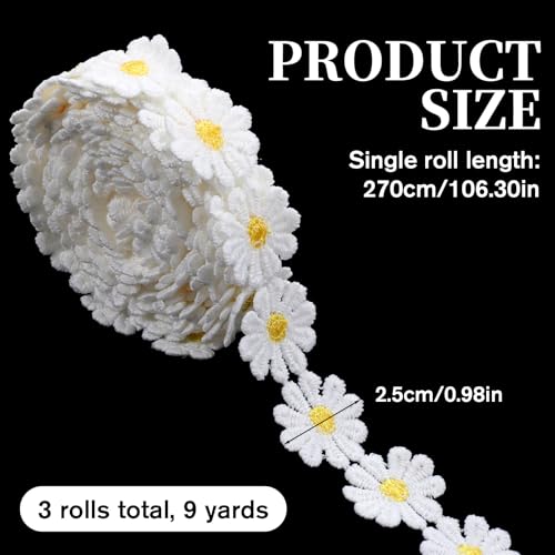 3 Rolls Daisy Ribbon, 113 Inch Polyester Craft Lace with 1 Inch Daisy Flowers for Bridal Bouquet Packaging Wedding Decorations DIY Crafts