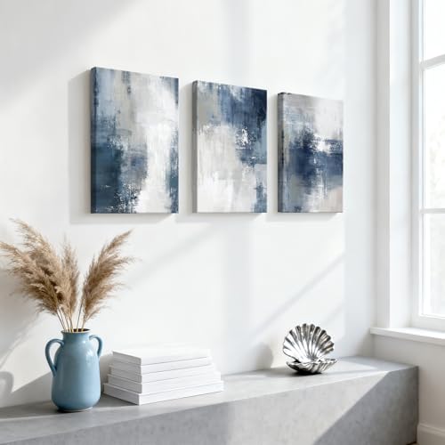 WENGTIAO 3 Pcs Navy Blue Abstract Canvas Wall Art Prints Modern Minimalist Blue Gray Artwork for Walls Framed White Neutral Poster Paintings Decor for Living Room Bedroom Bathroom Office 16x24x3Pcs - color: Abstract-blue, size: 16"x24"x3Pcs