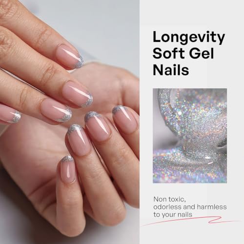 32Pcs Soft Gel Press on Nails for Women, Glitter Silver, Short Oval | Bare Nude French Tip False Fake Nails Press Ons for Office Daily Wear, Salon Quality Reusable Glue & Stick on Nail Gift Kit - color: 5J-Glitter Silver